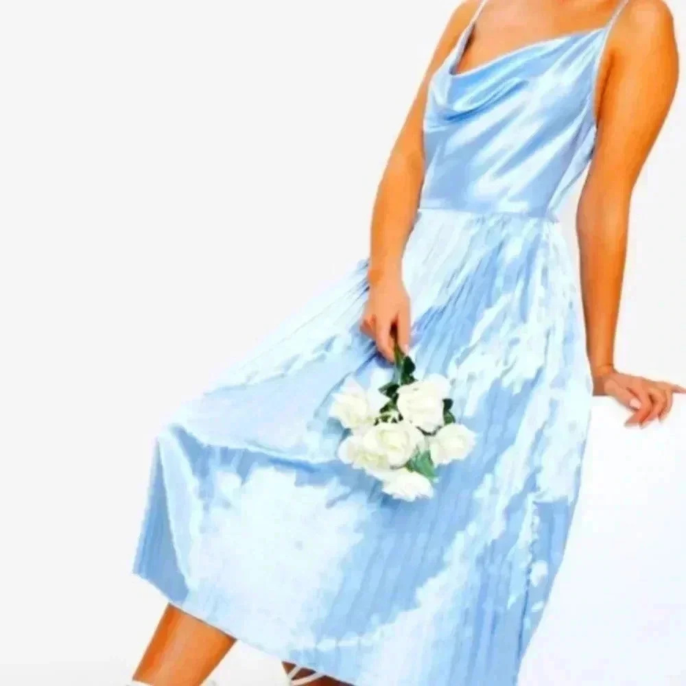 Pretty Little Thing dusty blue satin cowl neck midi dress